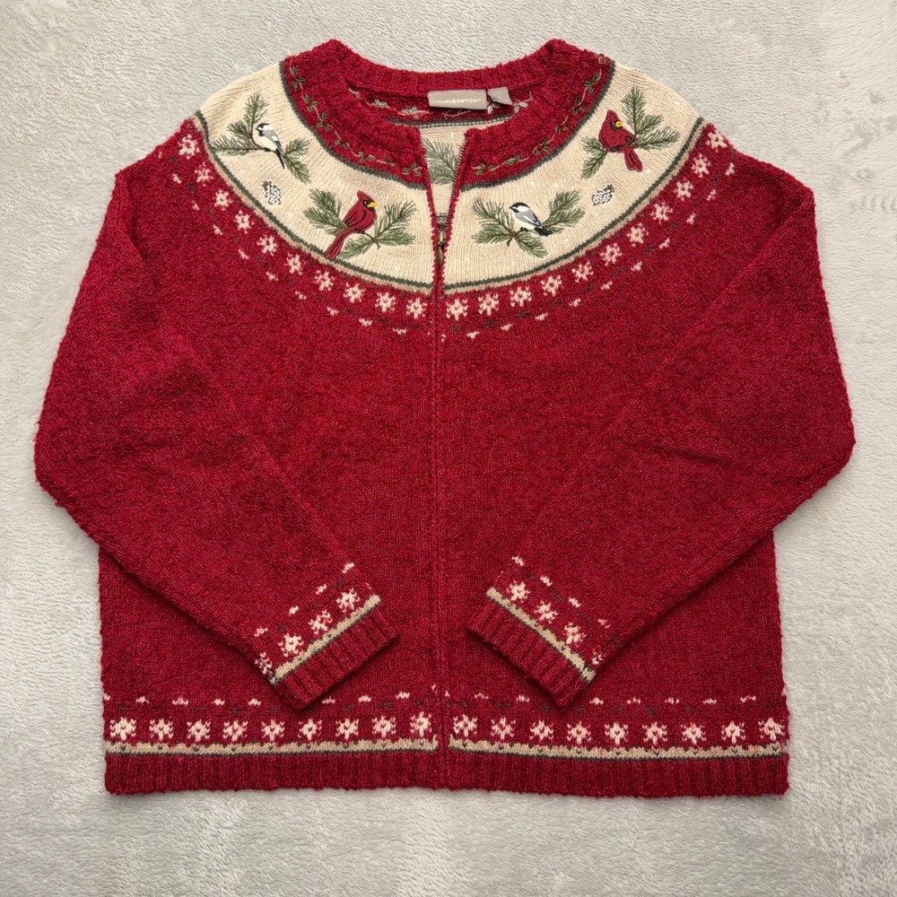 Croft & Barrow Cardigan Womens Large Red Cardinal Bird Embroidered Silk Zip Up